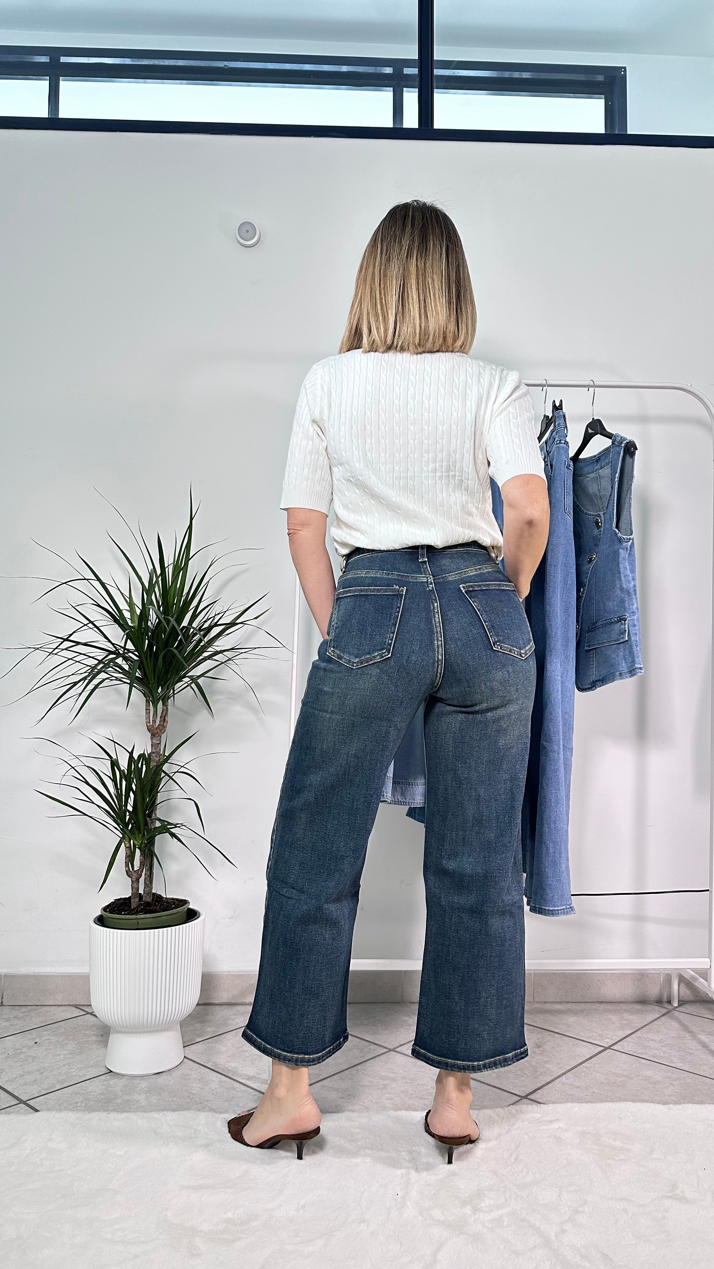 Jeans Wide Leg Cropped Denim Scuro Vita Alta