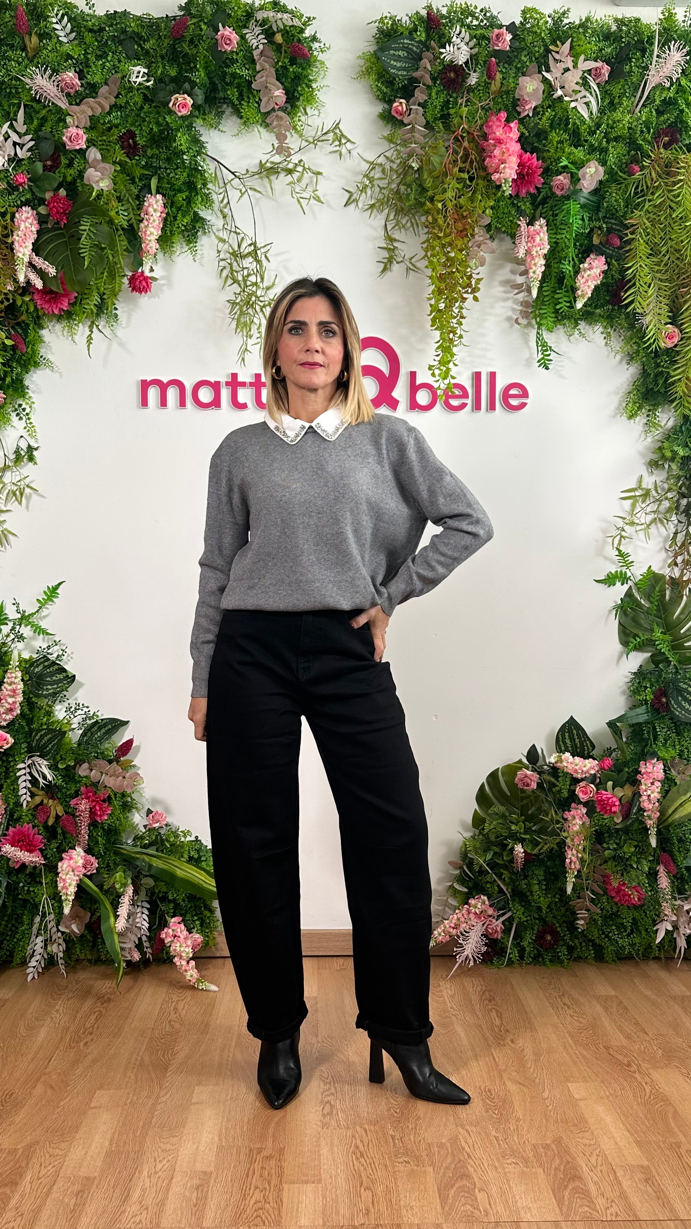 Maglia Colletto Strass Grigia