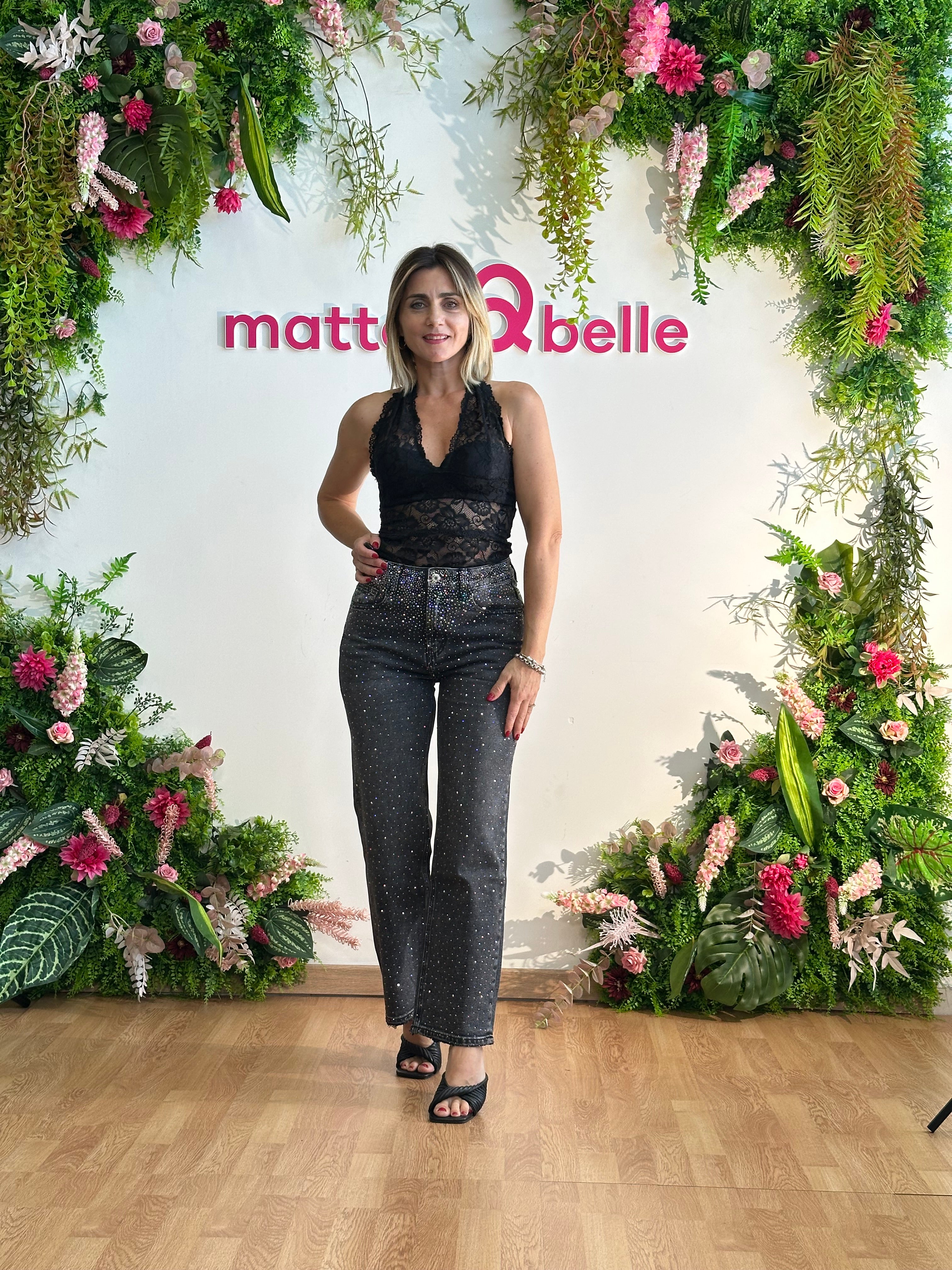 Jeans Straight fit strass nero