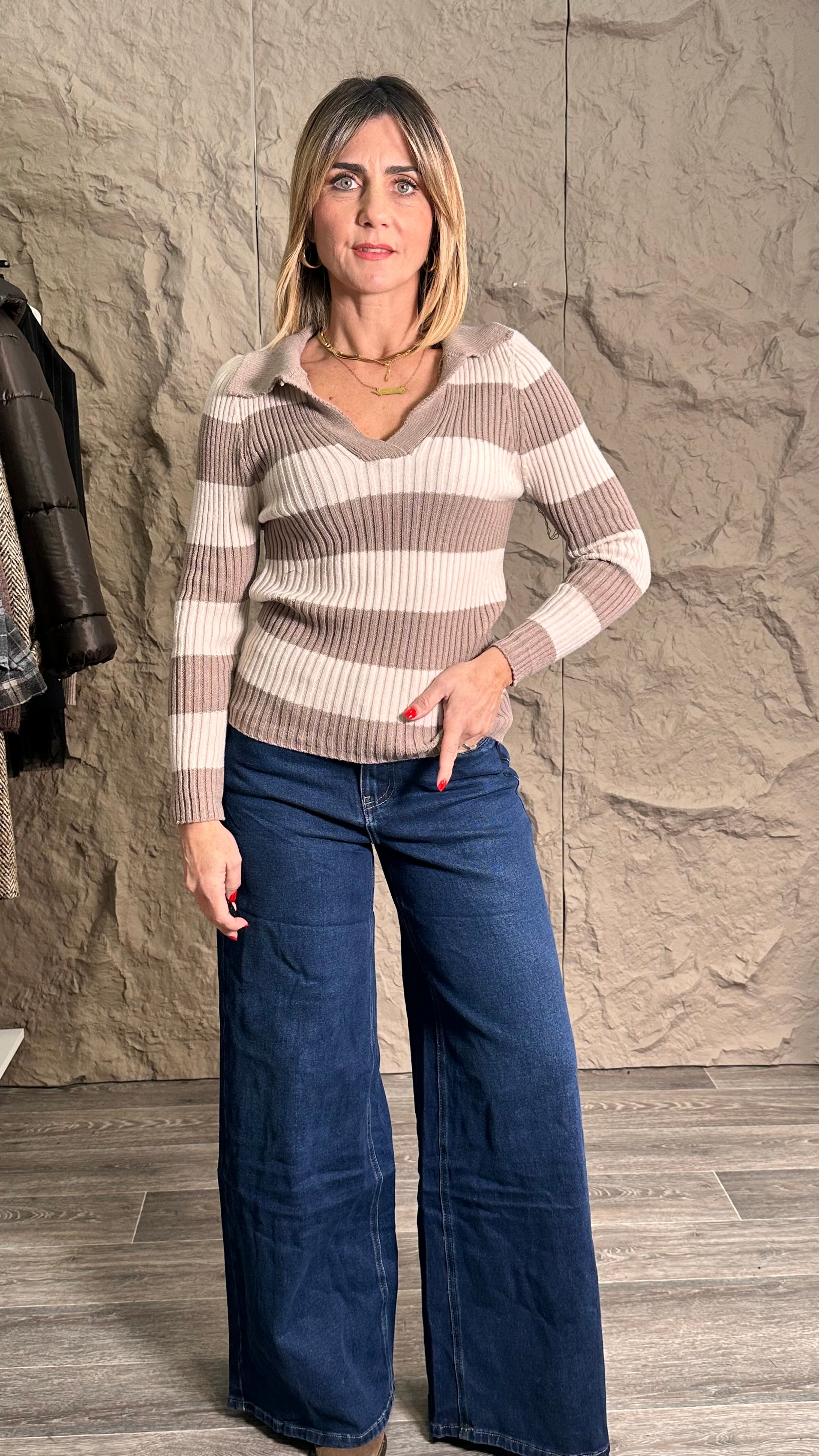 Maglia Striped Polo Tortora