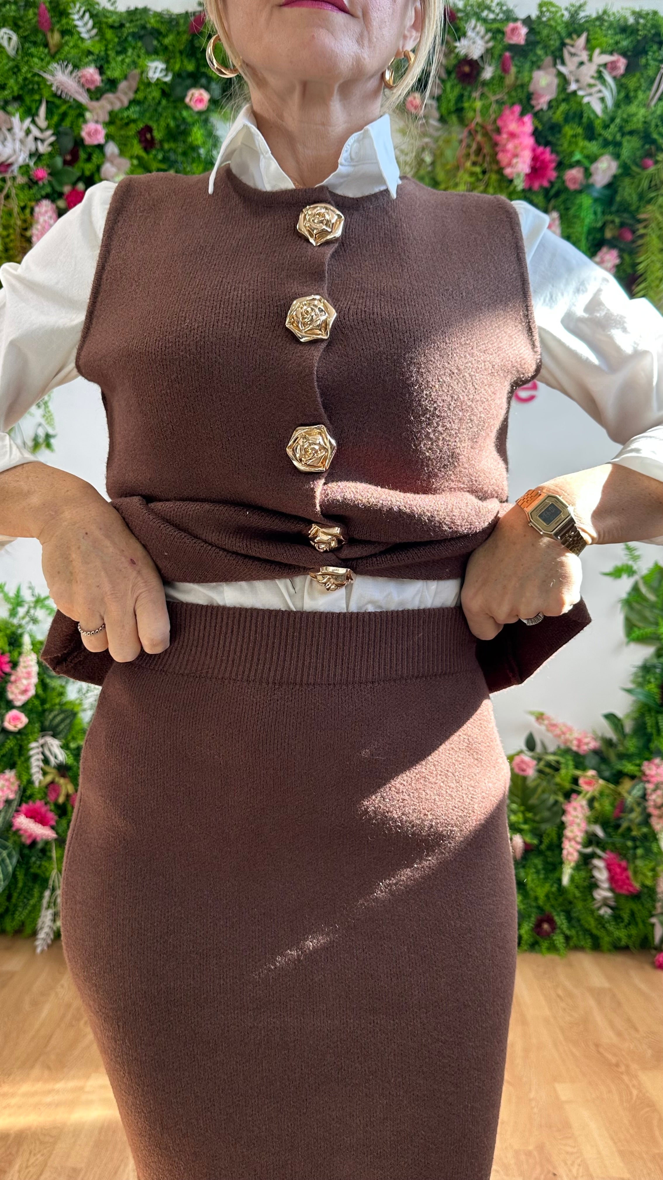 Coordinato Rose Giro Manica Marrone