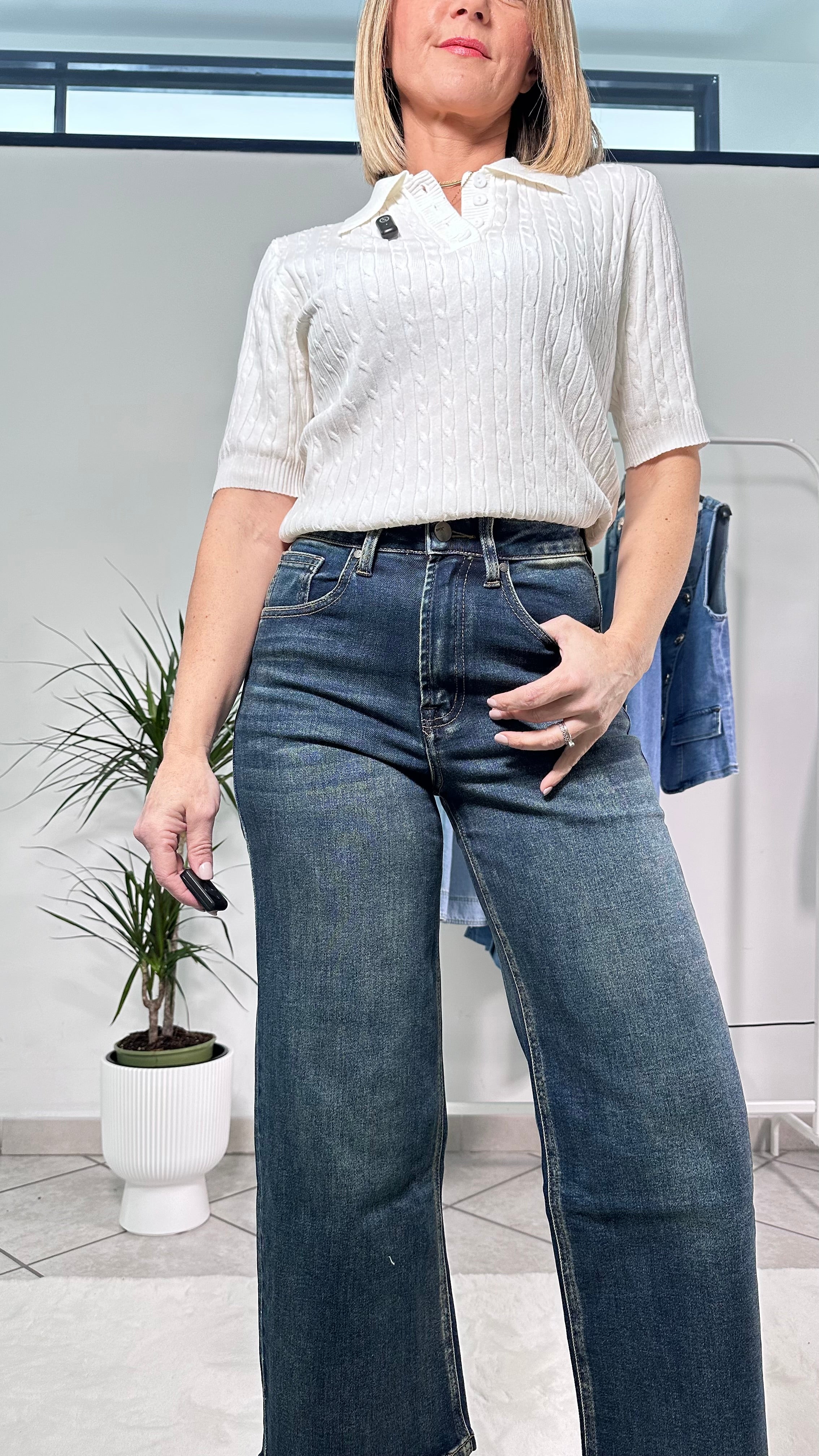 Jeans Wide Leg Cropped Denim Scuro Vita Alta