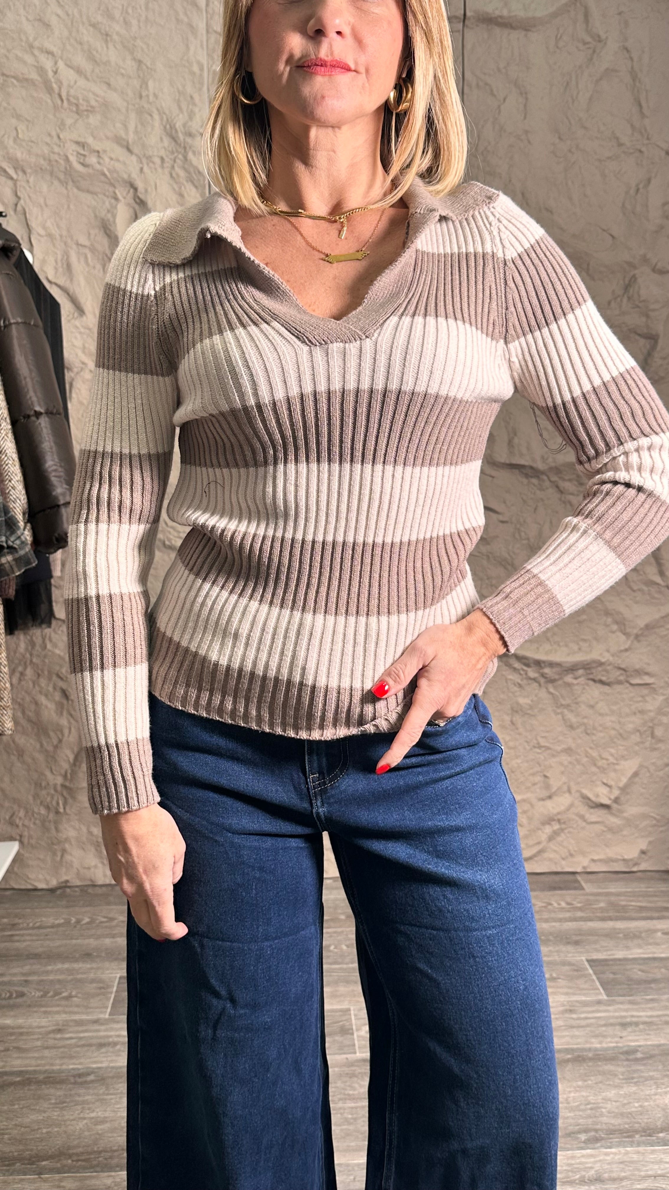 Maglia Striped Polo Tortora