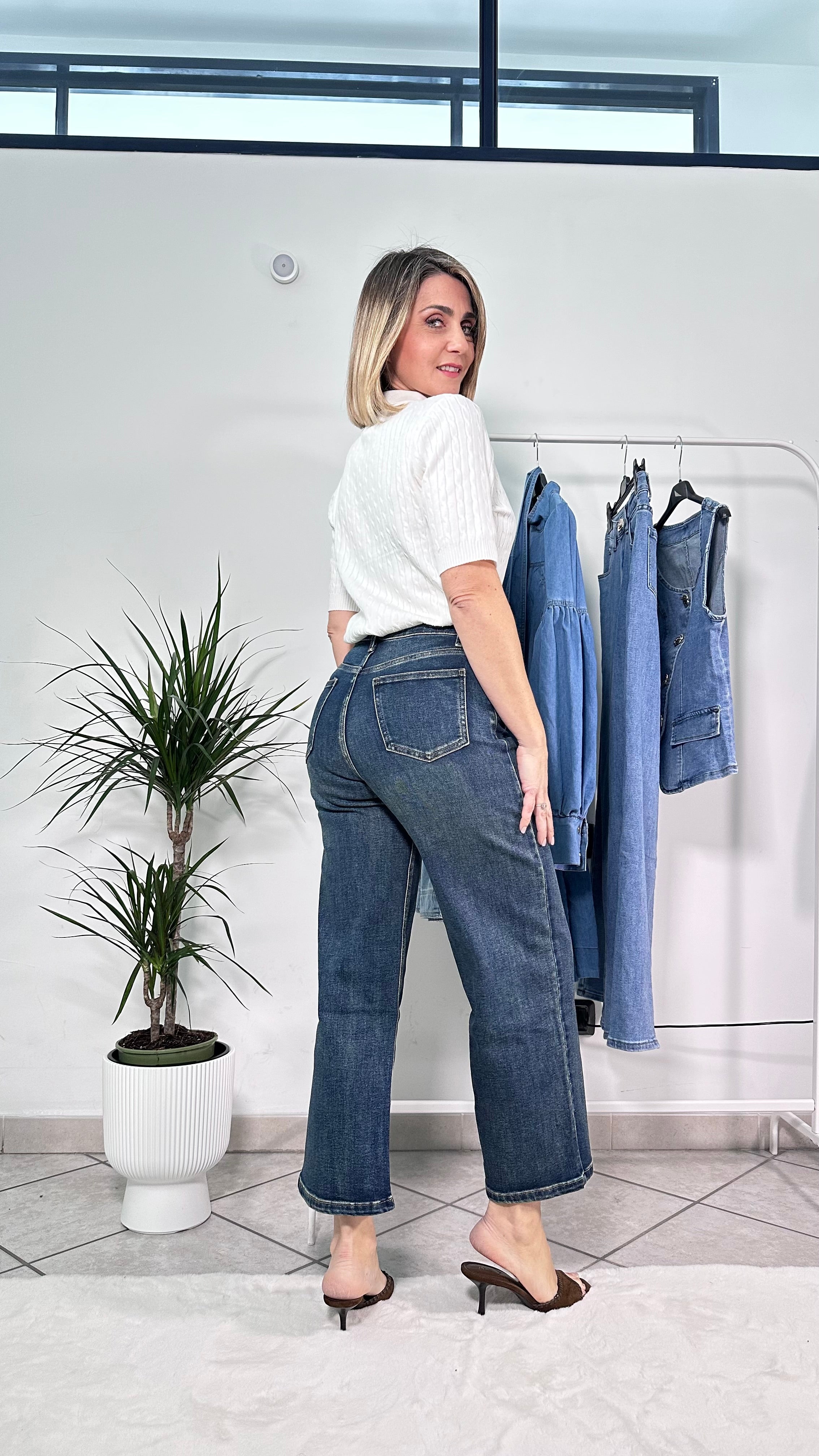 Jeans Wide Leg Cropped Denim Scuro Vita Alta