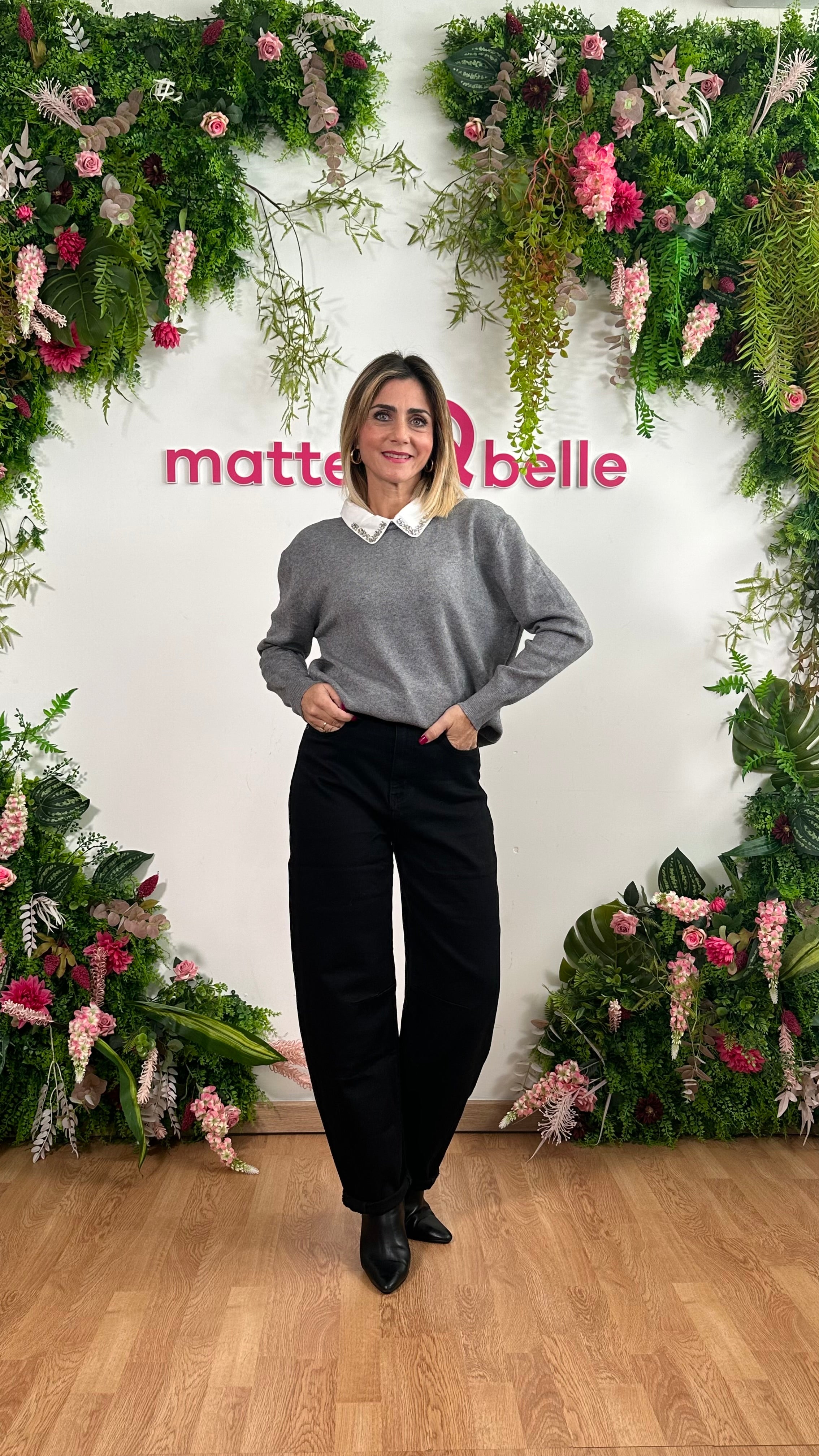 Maglia Colletto Strass Grigia