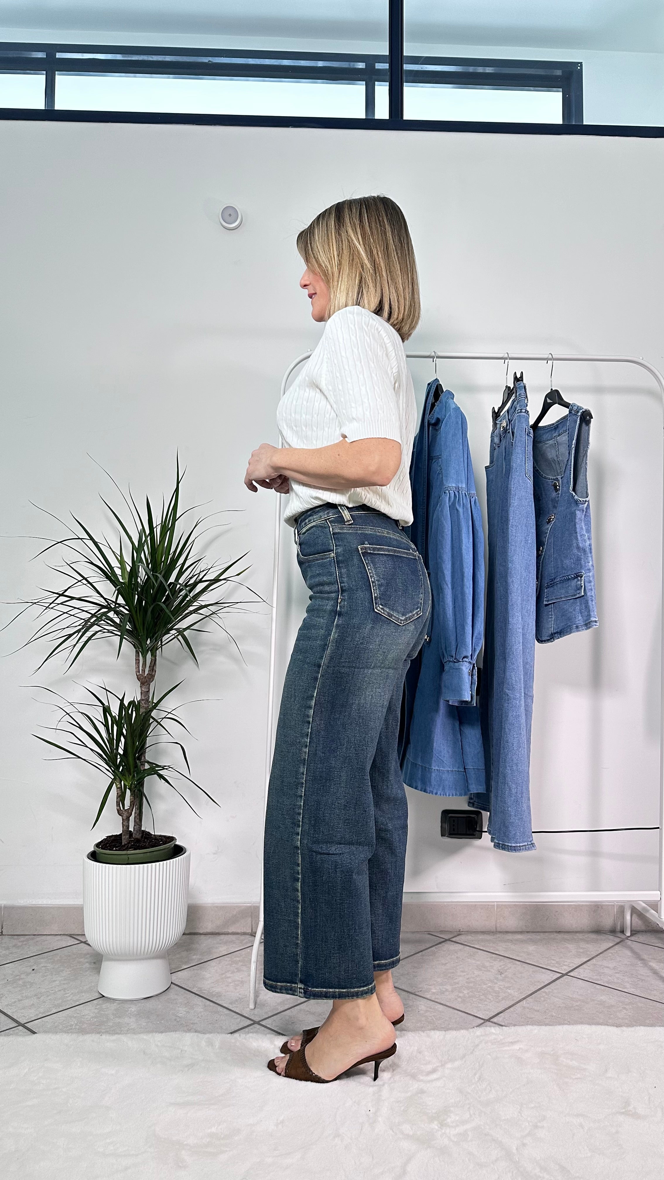 Jeans Wide Leg Cropped Denim Scuro Vita Alta