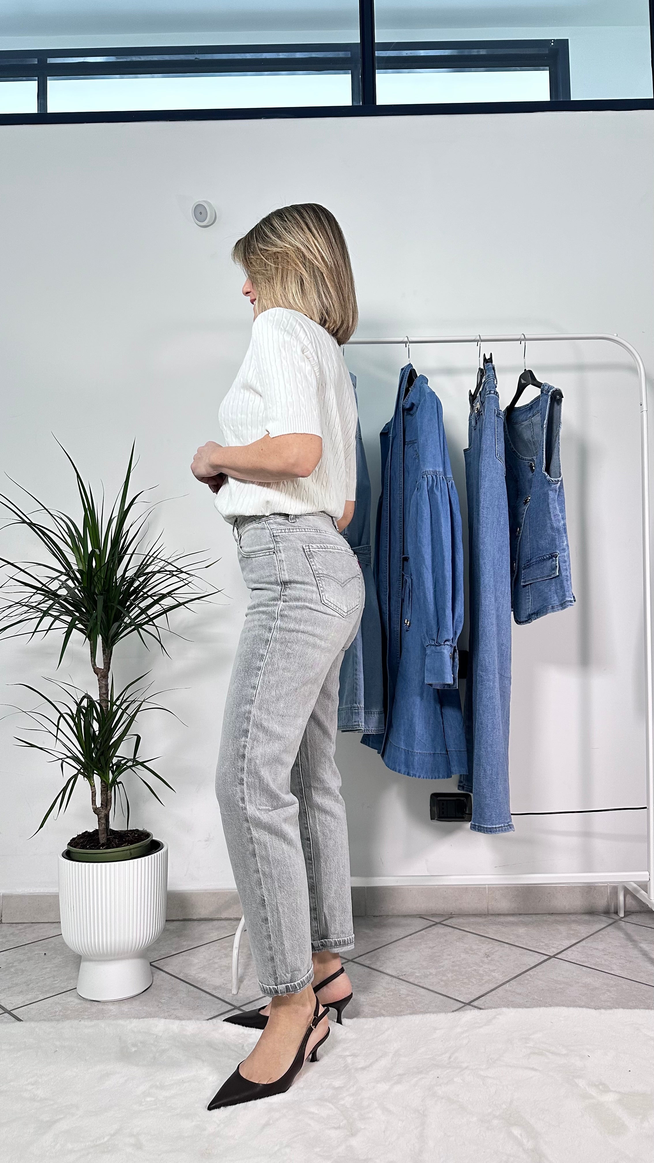Jeans Mom Fit Grigio Chiaro Vita Alta