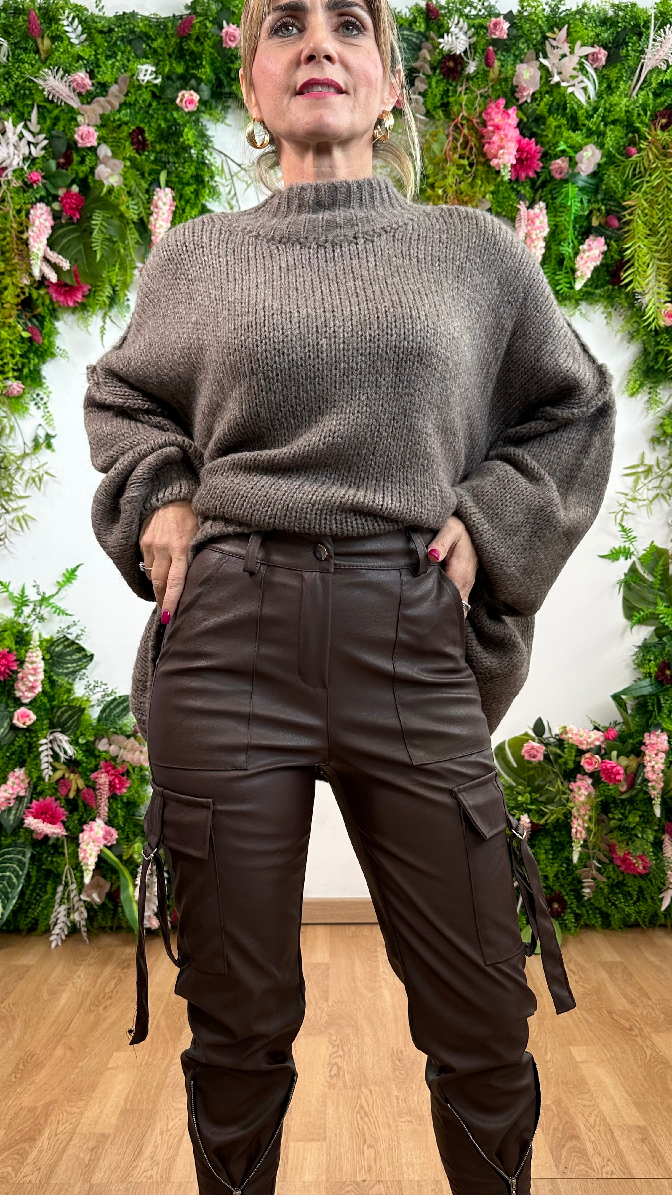 Pantalone Cargo Ecopelle Marrone