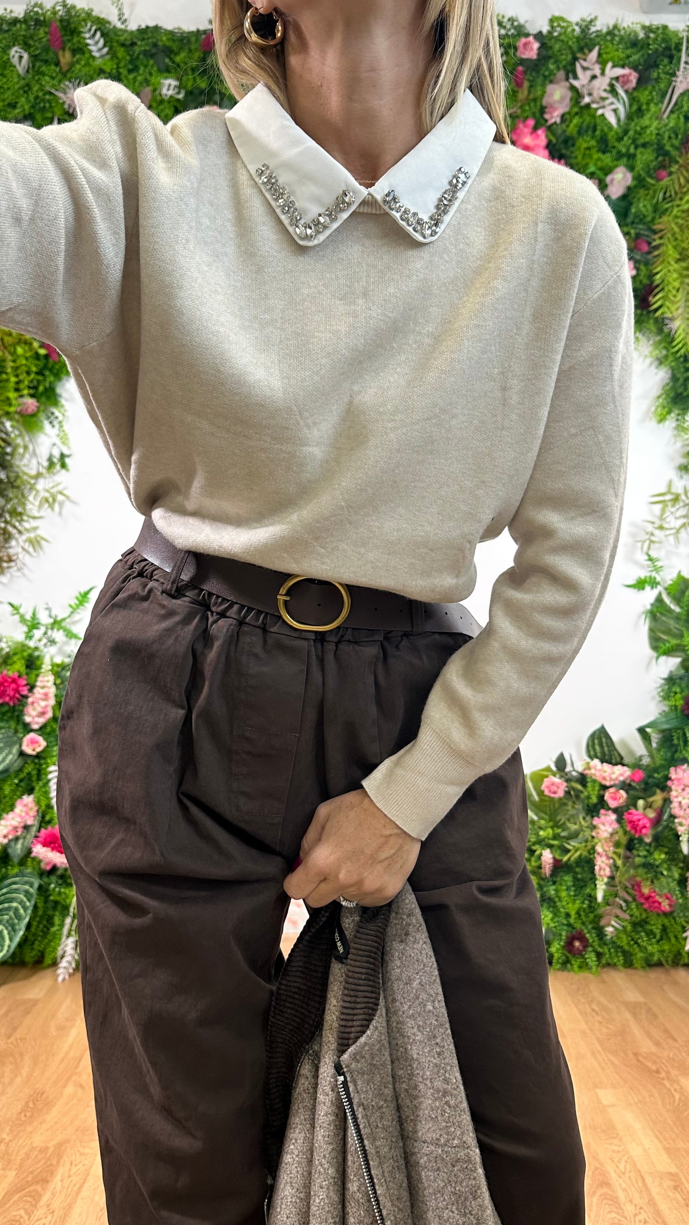 Maglia Colletto Strass Beige