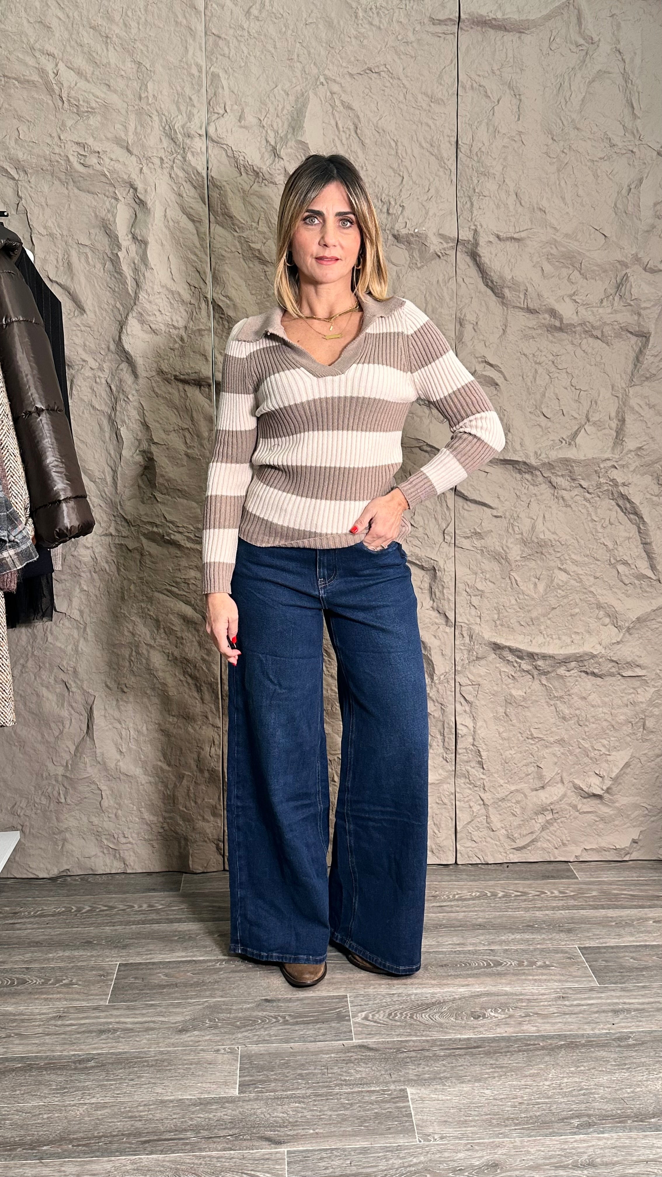 Maglia Striped Polo Tortora