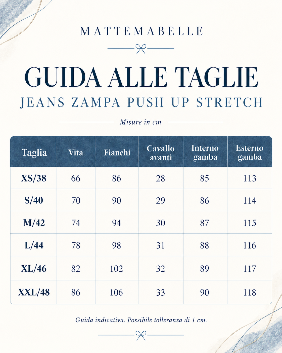 Guida alle taglie JEANS ZAMPA PUSH-UP STRETCH COUTURE