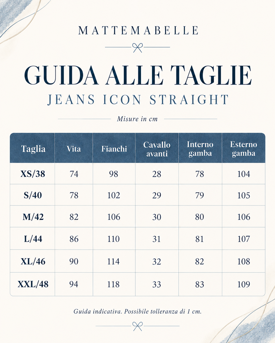Guida alle taglie JEANS ICON STRAIGHT COUTURE DENIM CHIARO