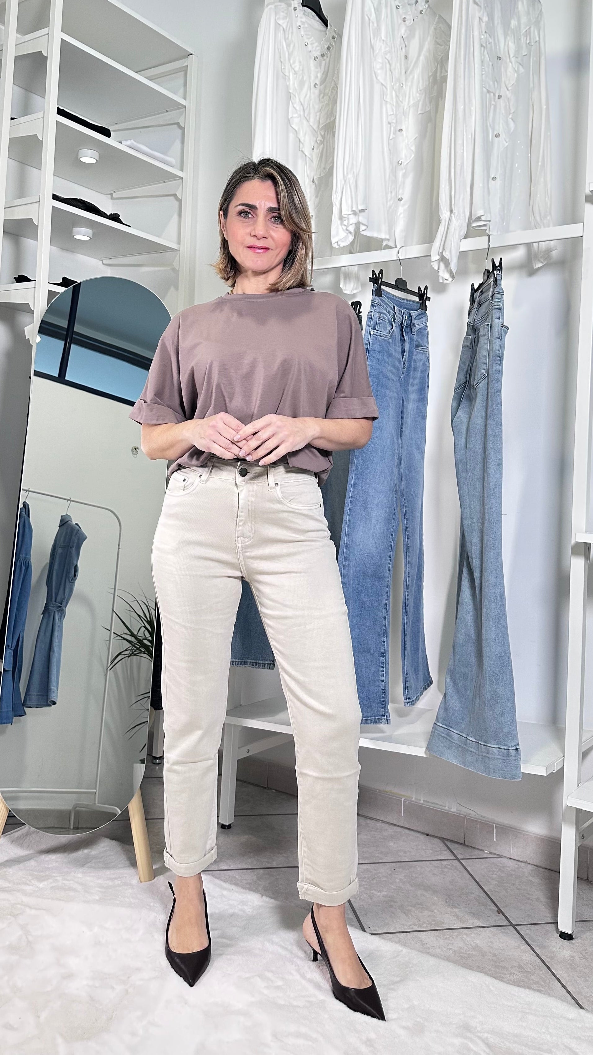Jeans Mom Fit Soft Beige