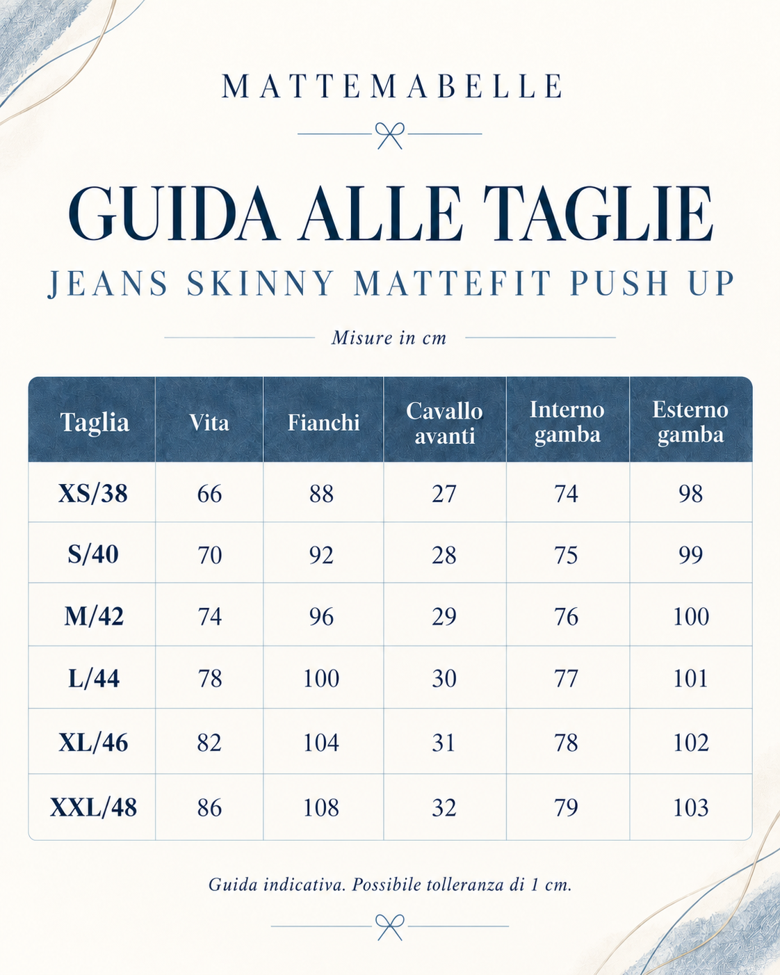 Guida alle taglie JEANS SKINNY MATTEFIT PUSH-UP COUTURE