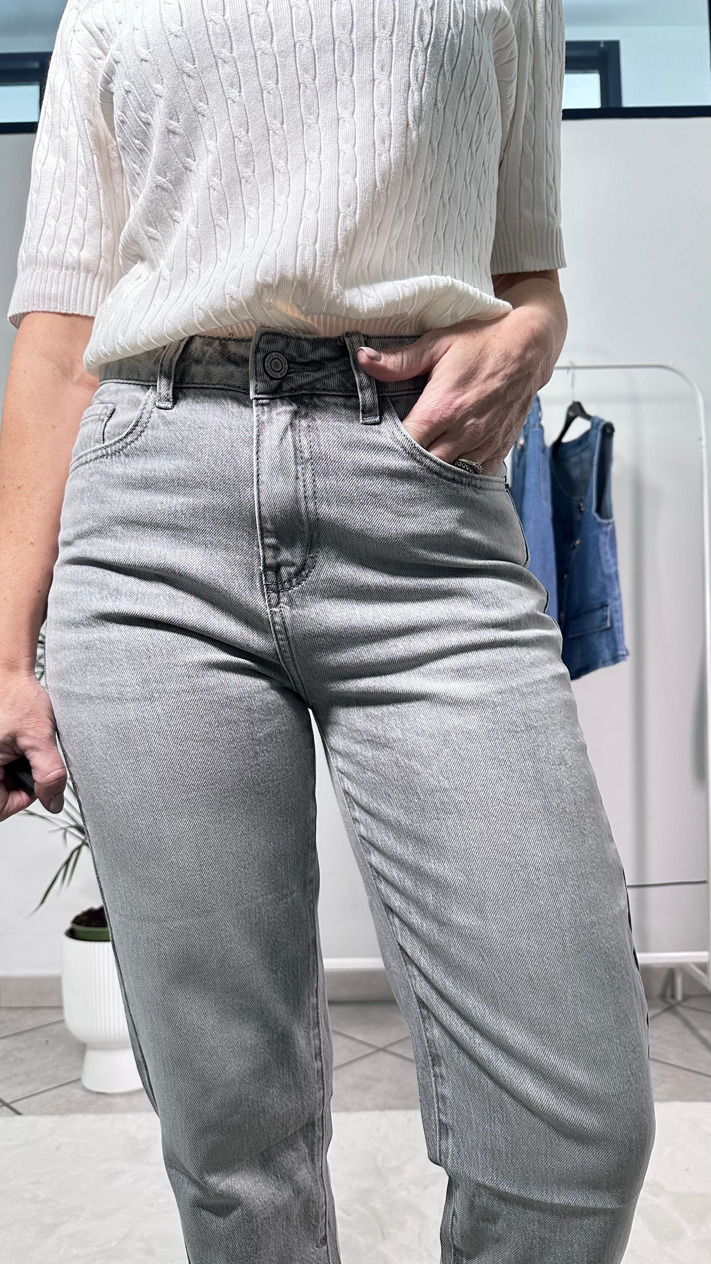 Jeans Mom Fit Grigio Chiaro Vita Alta