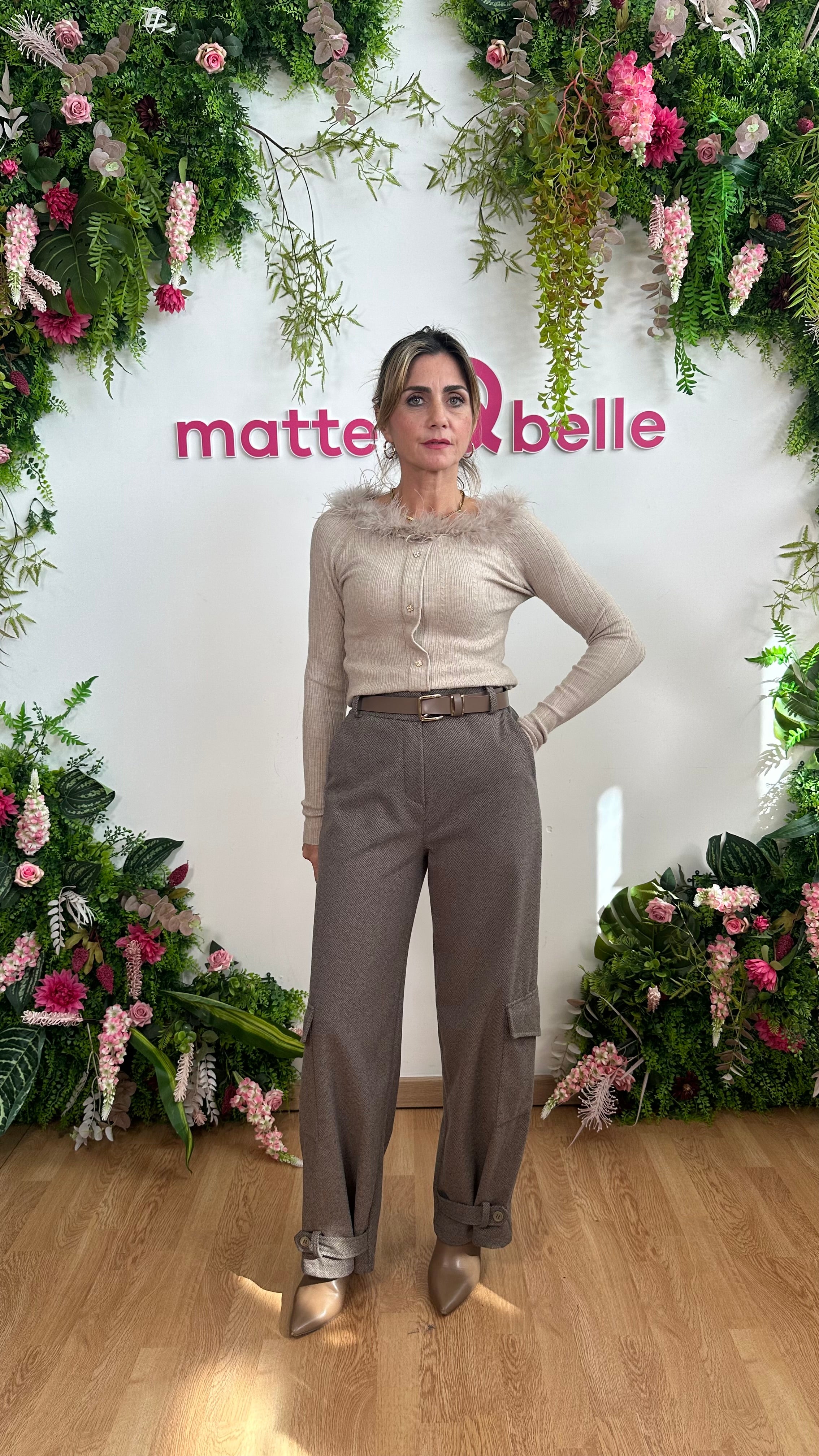 Pantaloni cargo spina di pesce tortora